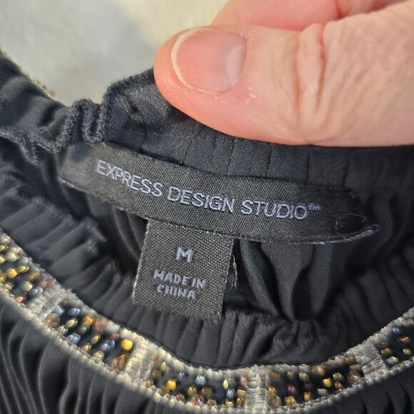 Express Design Top Women's M Black Silk Plisse Babydoll Empire Waist Beaded - Picture 4 of 11